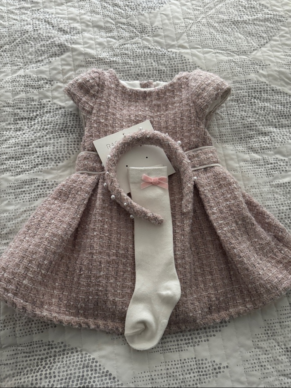 Rachel Zoe Pink Tweed Dress with Pearl Headband & White Tights